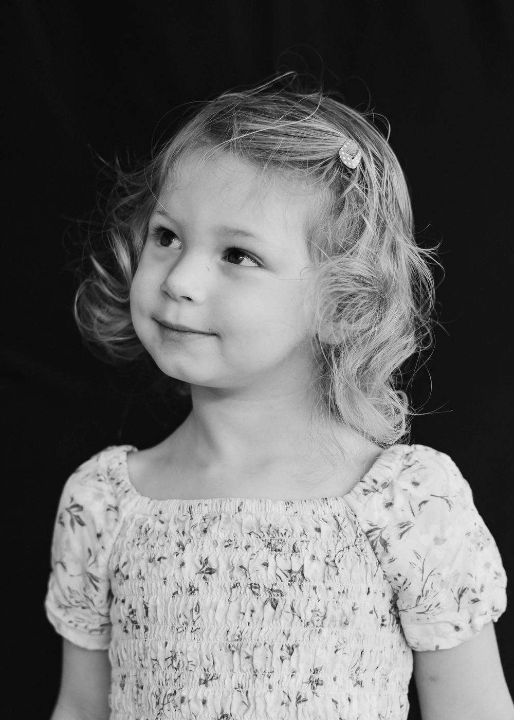 Quiet girl in black and white portrait photo at Space coast Montessori