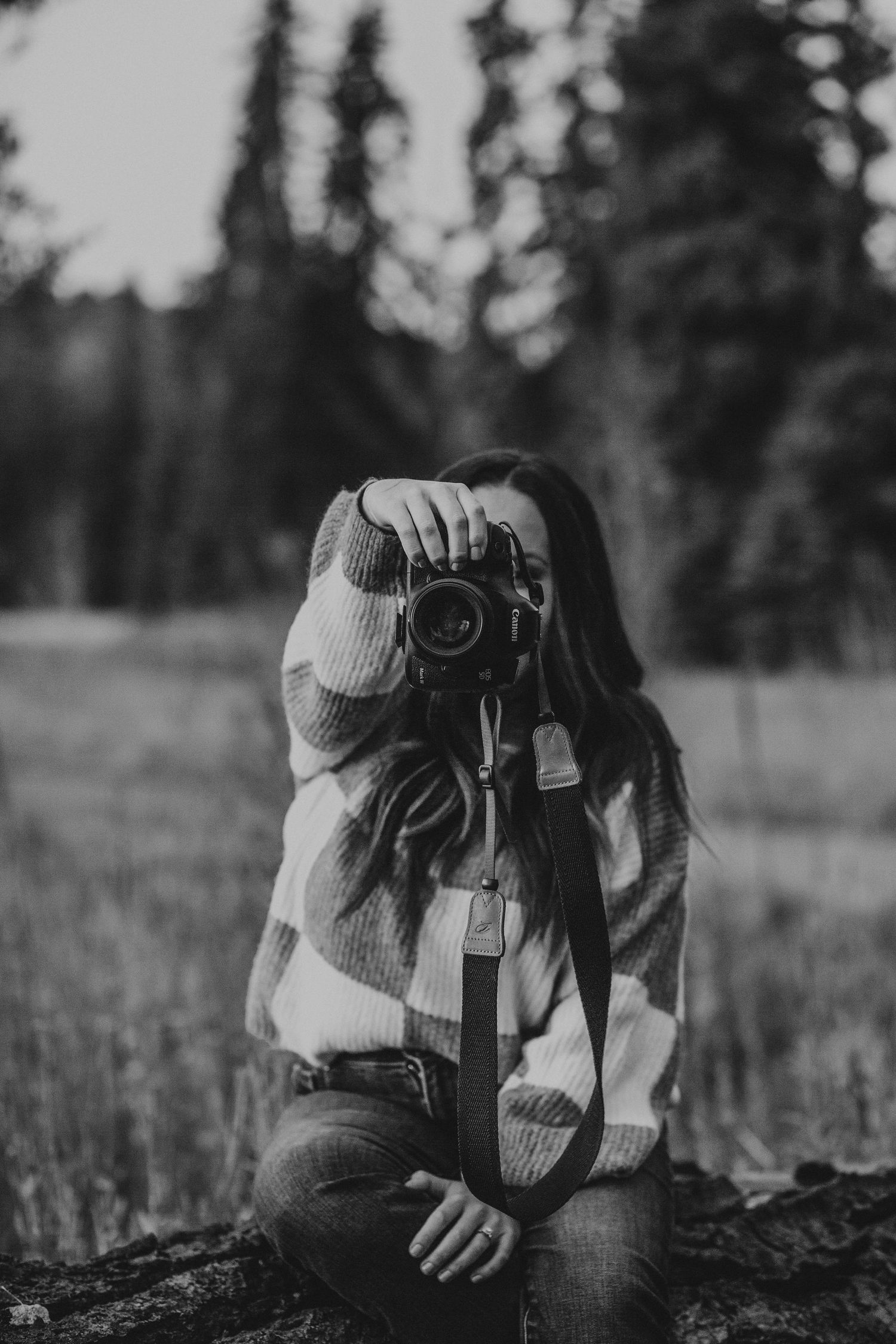 Someone holds a camera while taking photos in a field with evergreen trees in the background.