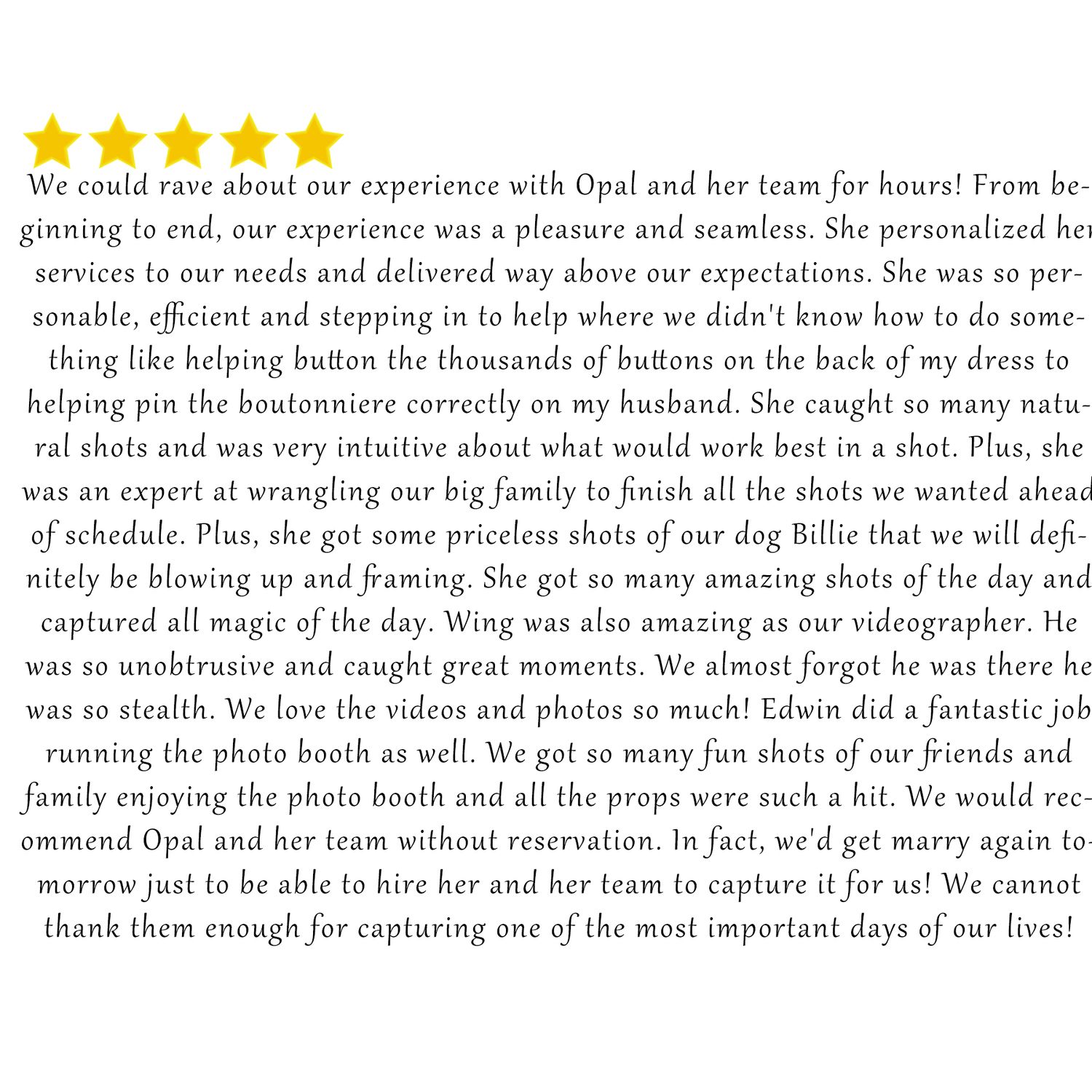 Glowing five-star review highlighting seamless wedding photography experience and personalized service.