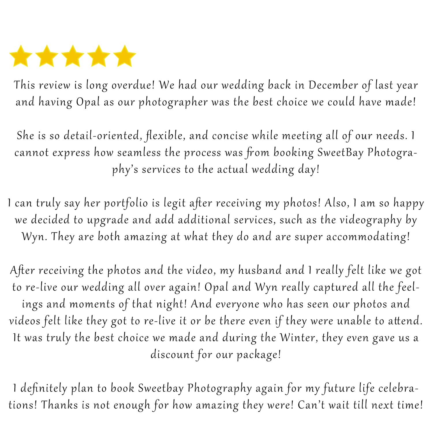 A five-star customer review praising wedding photography services with detailed positive feedback.