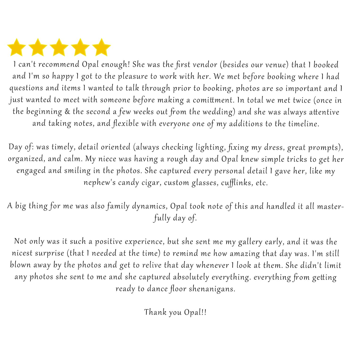 Wedding client review praising photographer's attention to detail and lighting techniques.