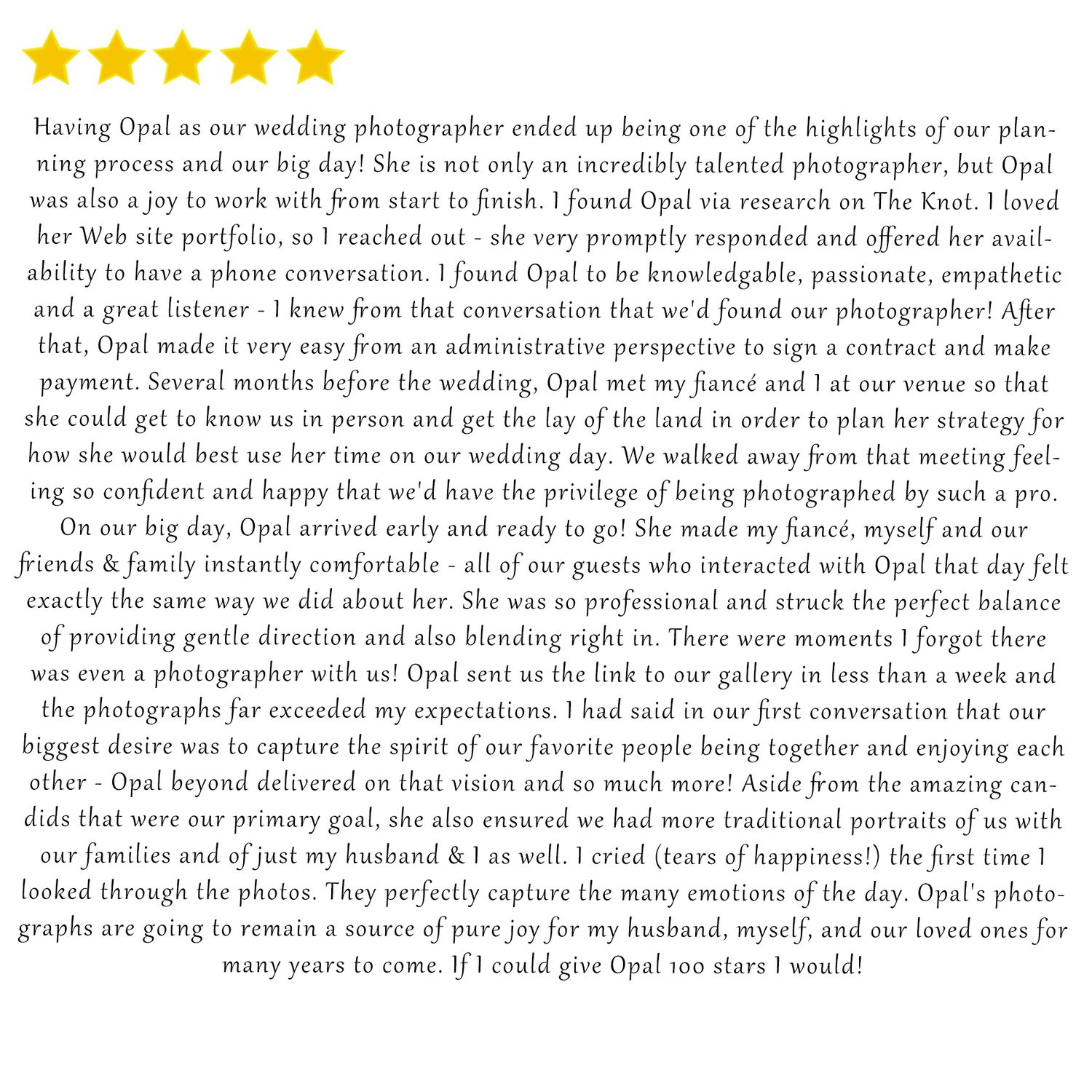 Detailed five-star testimonial describing the wedding photographer's professionalism and communication.