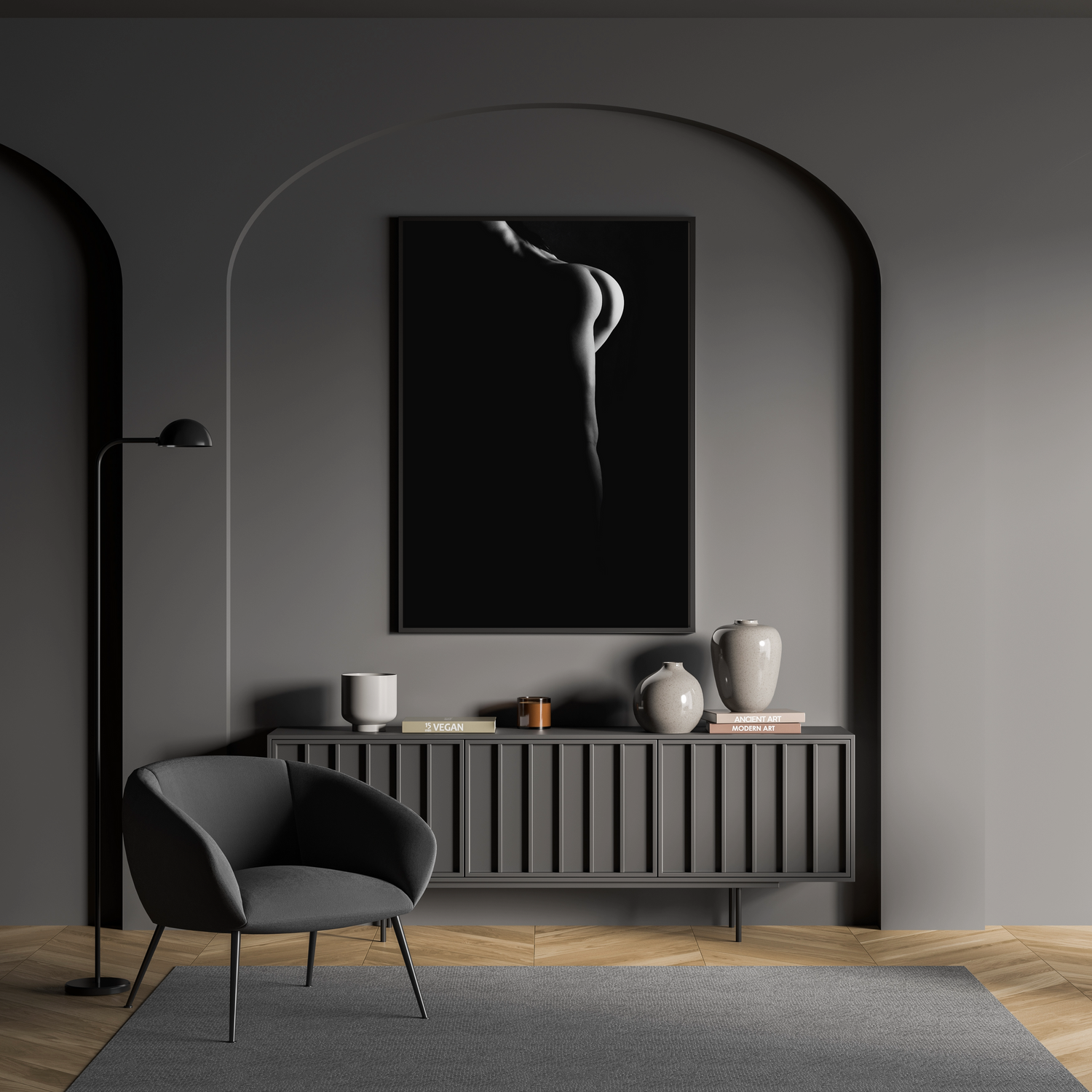 Minimalist interior with gray curved chair, modern credenza, & black and white boudoir wall art; indoor photographer Boudoir; Lexington, SC