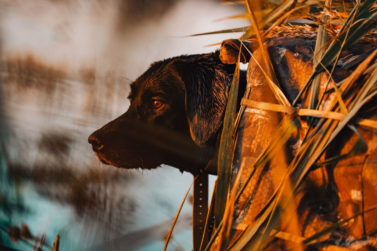 Black hunting dog in profile against golden sunlit reeds.