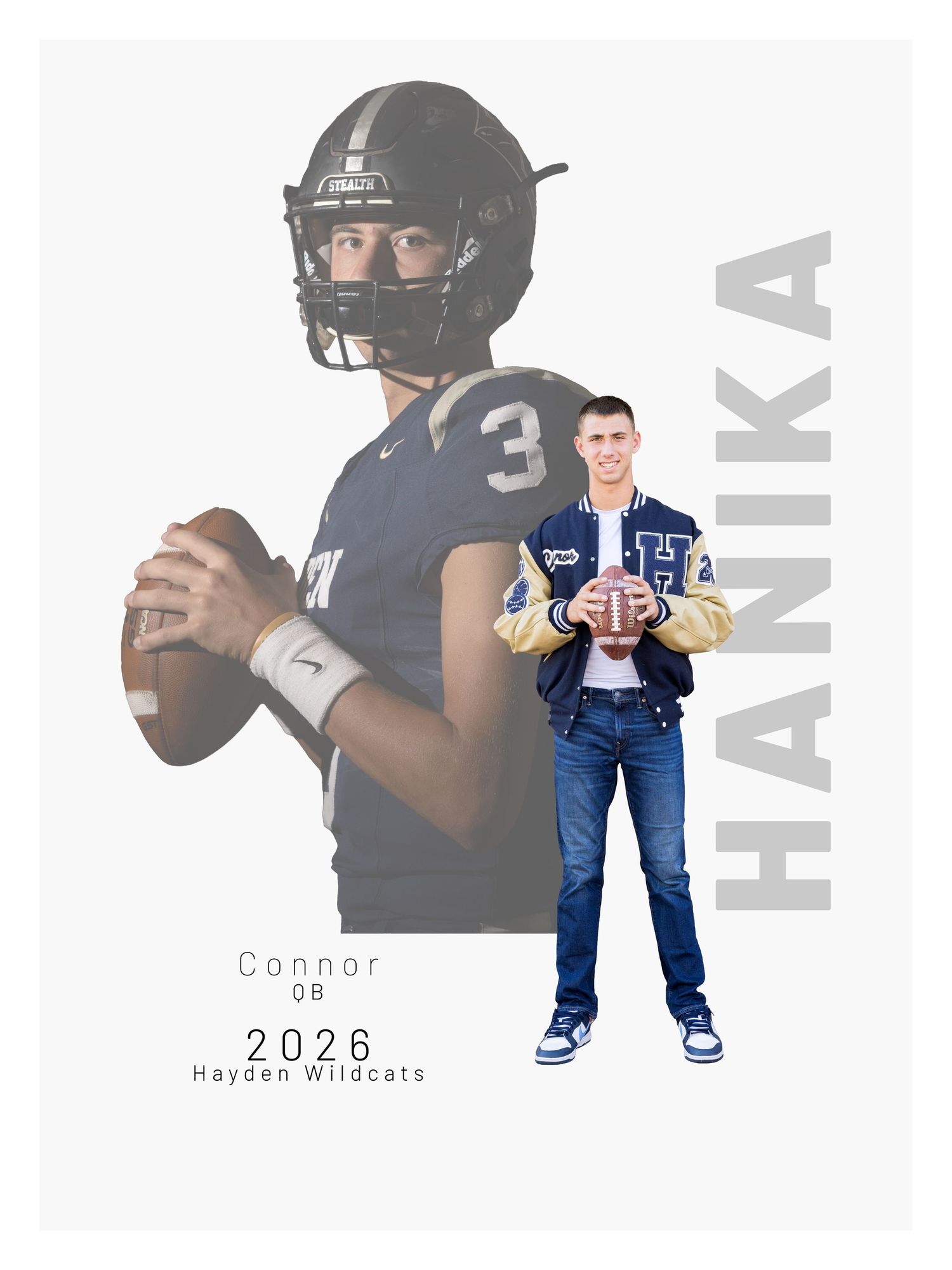 A football player wearing black jersey and helmet stands in a dynamic throwing pose with blue and white background.