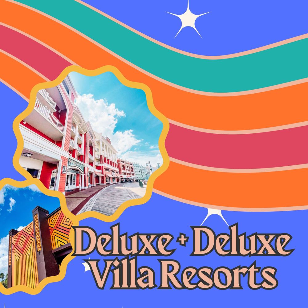 Vibrant retro-style banner design with wavy stripes in orange, blue and teal featuring resort hotel text and graphics.