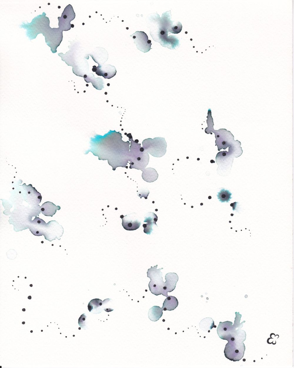 Gray and teal watercolor blobs connected by dotted trails creating an abstract pattern.