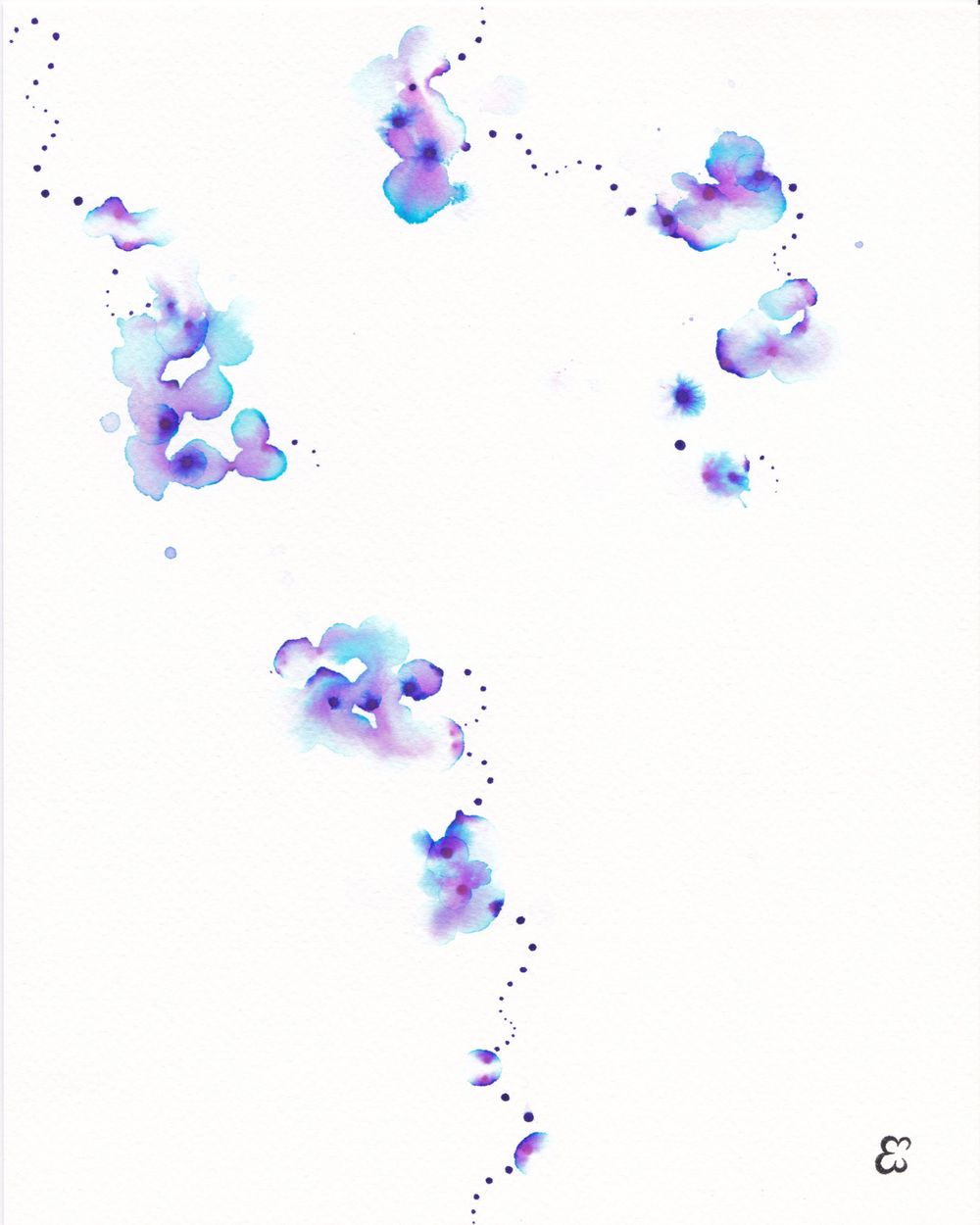 Purple and blue watercolor splotches with scattered dots creating an ethereal pattern.