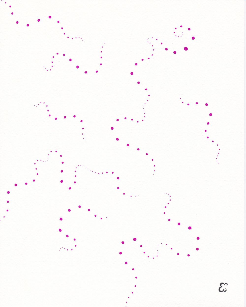 Pink dotted pattern forming curved lines and constellations on white background.