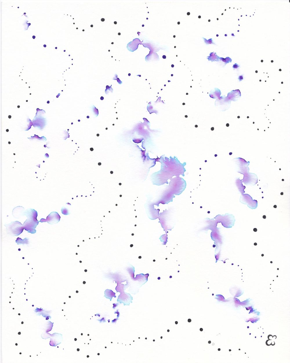 Lavender and purple watercolor splotches connected by black dots in an abstract pattern.