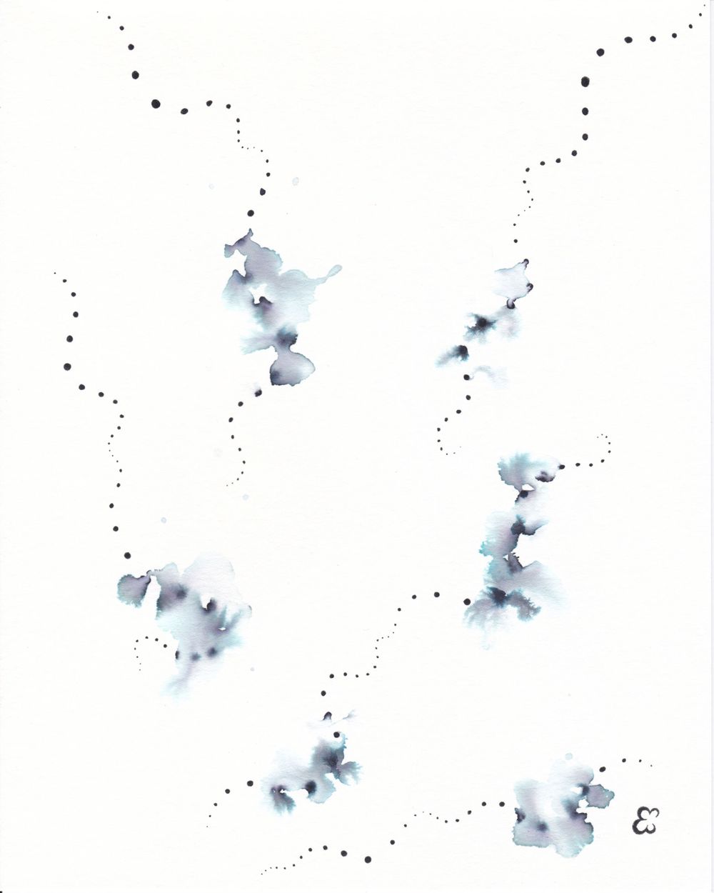 Light blue-gray watercolor spots connected by black dotted lines in a sparse arrangement.