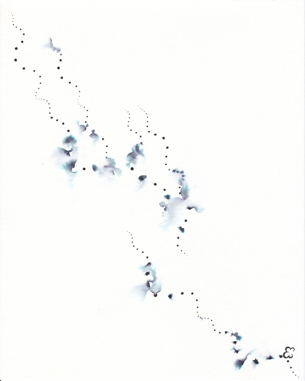 Pale blue watercolor patches linked by black dotted lines in a horizontal flow.