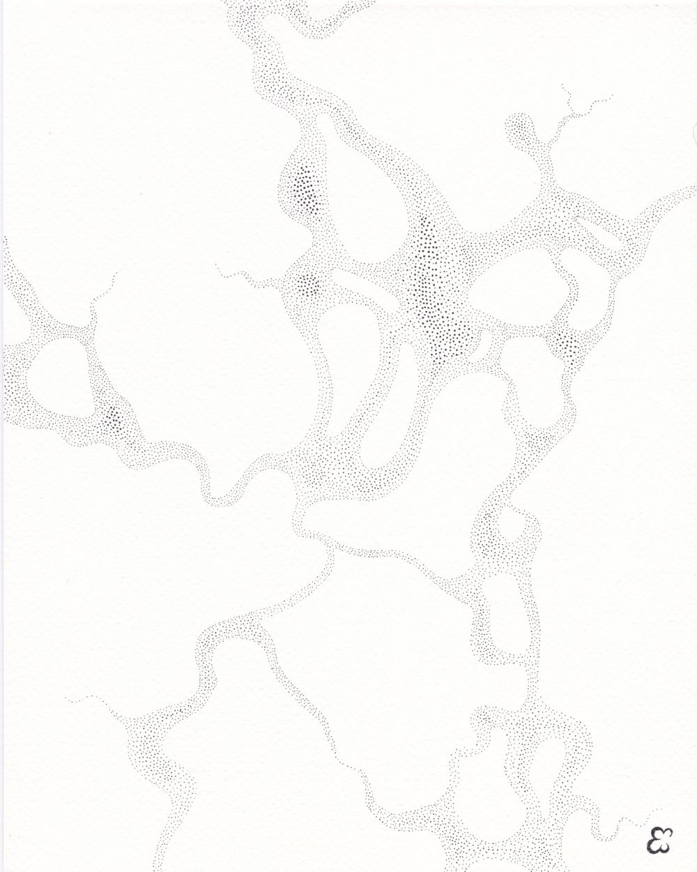 Faint gray dotted pattern forming abstract flowing curves and shapes.