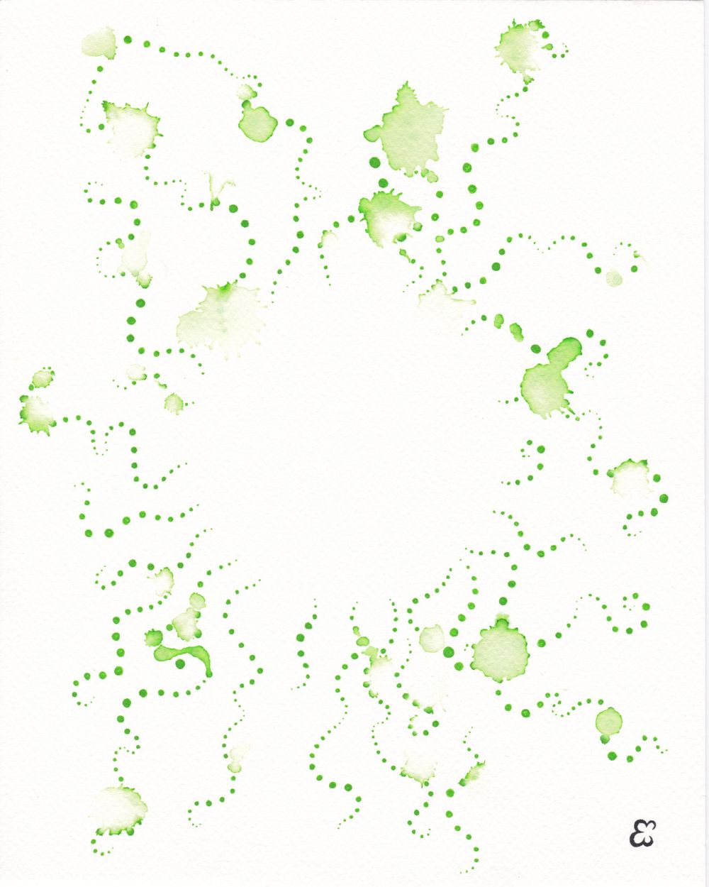 Light green dots and watercolor splashes forming a circular pattern.