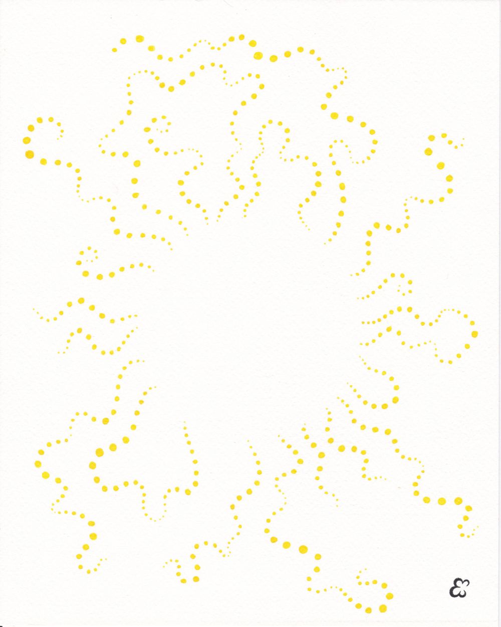 Yellow dotted lines arranged in a circular abstract pattern on white background.