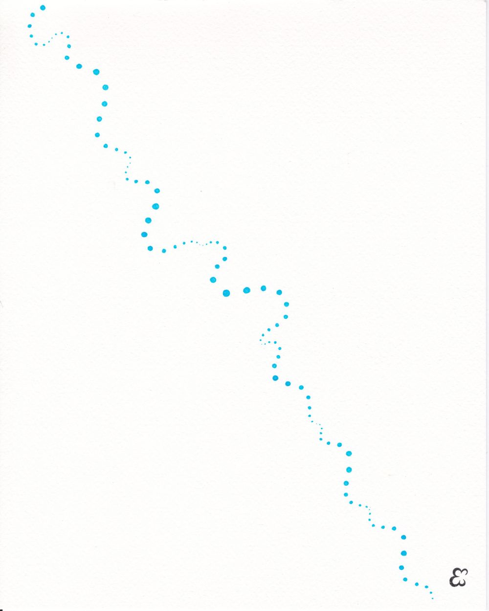 Light blue dots arranged in a diagonal snake-like pattern on white paper.