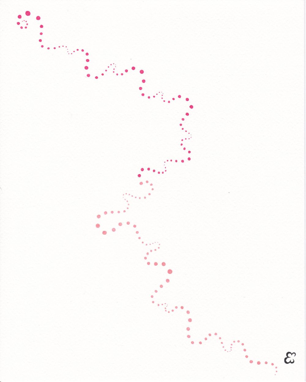 Pink dots forming a meandering diagonal line pattern on white background.