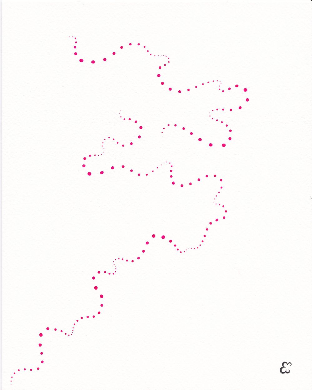 Magenta dots create a flowing, curvilinear pattern across white paper.