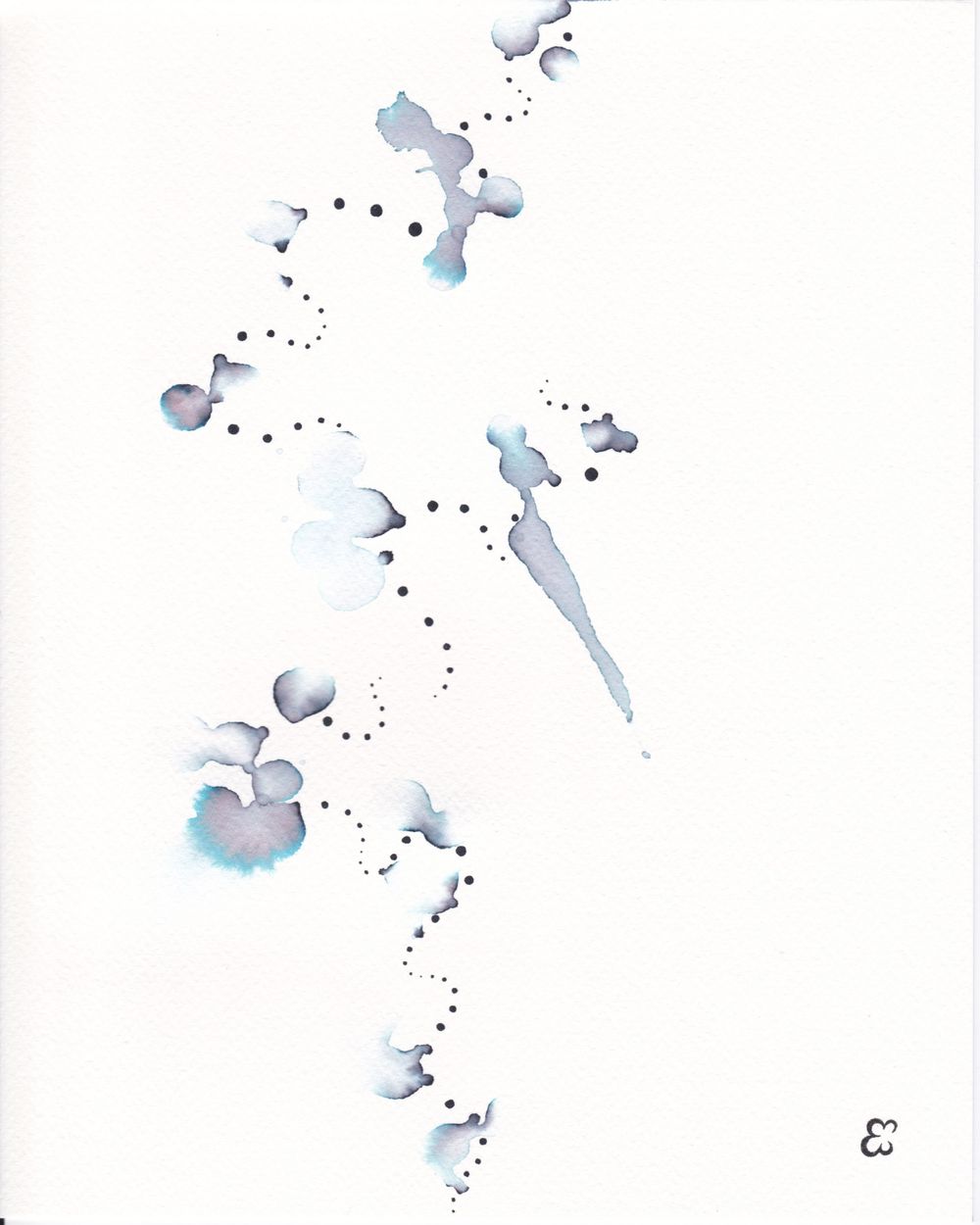 Light blue and gray watercolor shapes connected by dotted lines in an ethereal pattern.