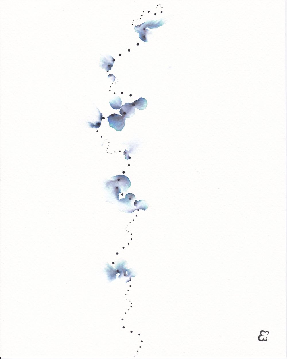 Delicate blue watercolor blooms connected by black dots in a vertical arrangement.