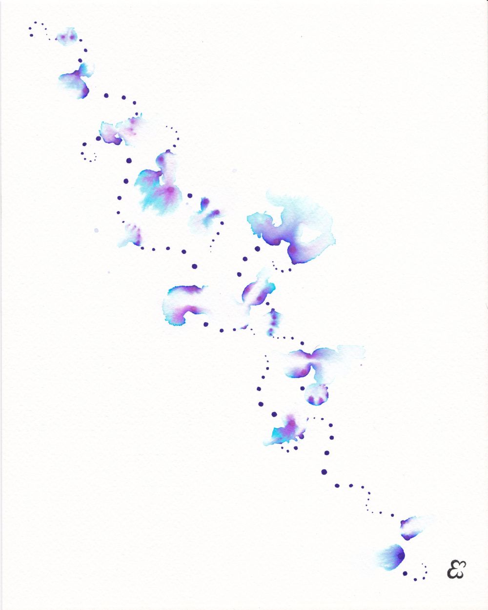 Abstract watercolor pattern in blue and purple with scattered dots forming a diagonal meandering line.