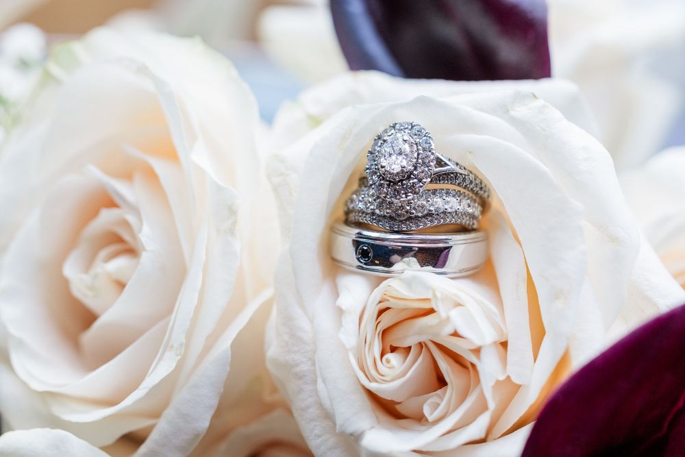 Diamond engagement ring nestled between delicate white and burgundy rose petals.
