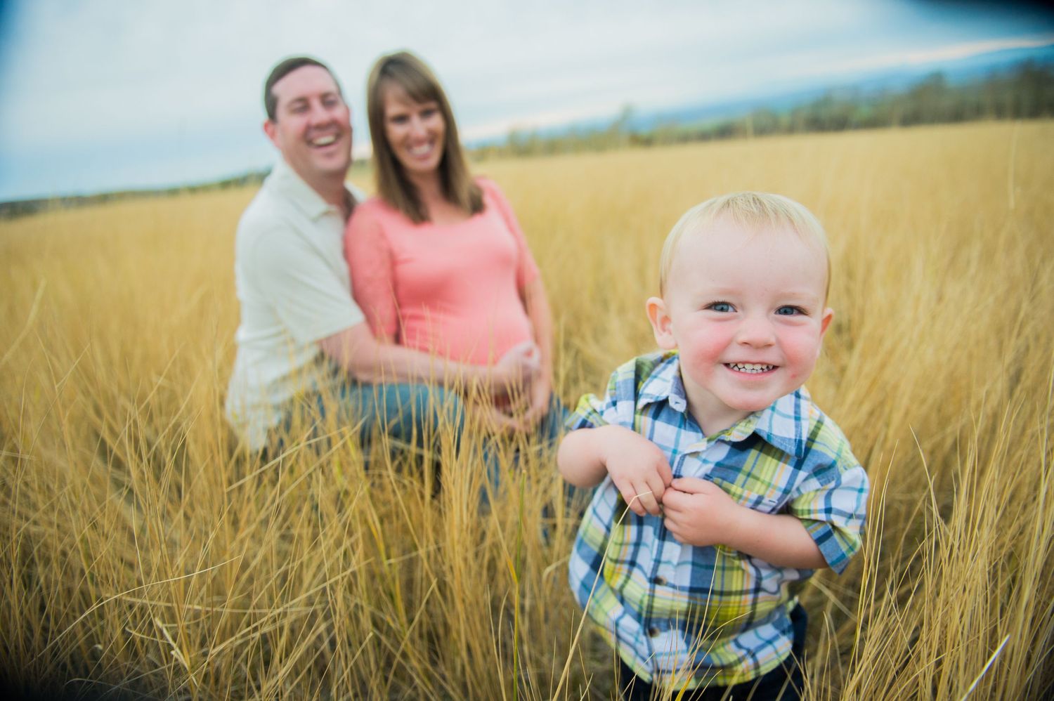 Family portrait in golden wheat field during summer evening.