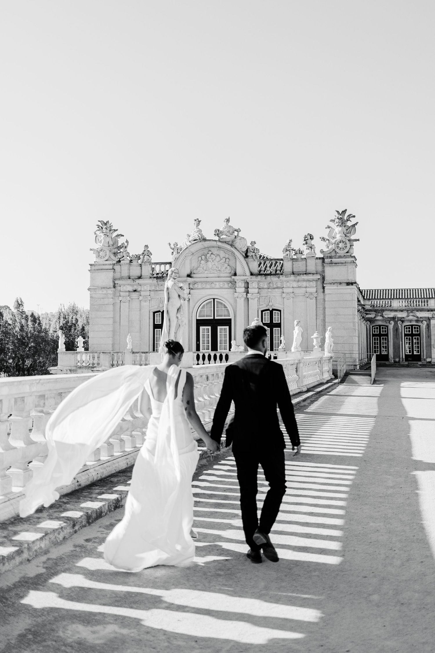 bride and groom, b&w, wedding photo, Queluz Palace