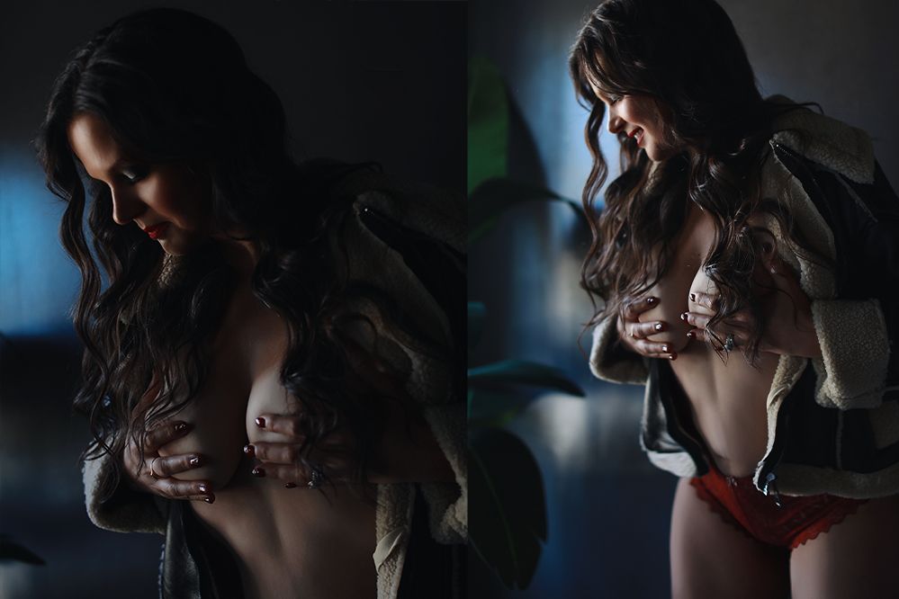Two artistic boudoir photos in dark room with dramatic blue lighting and shadows.