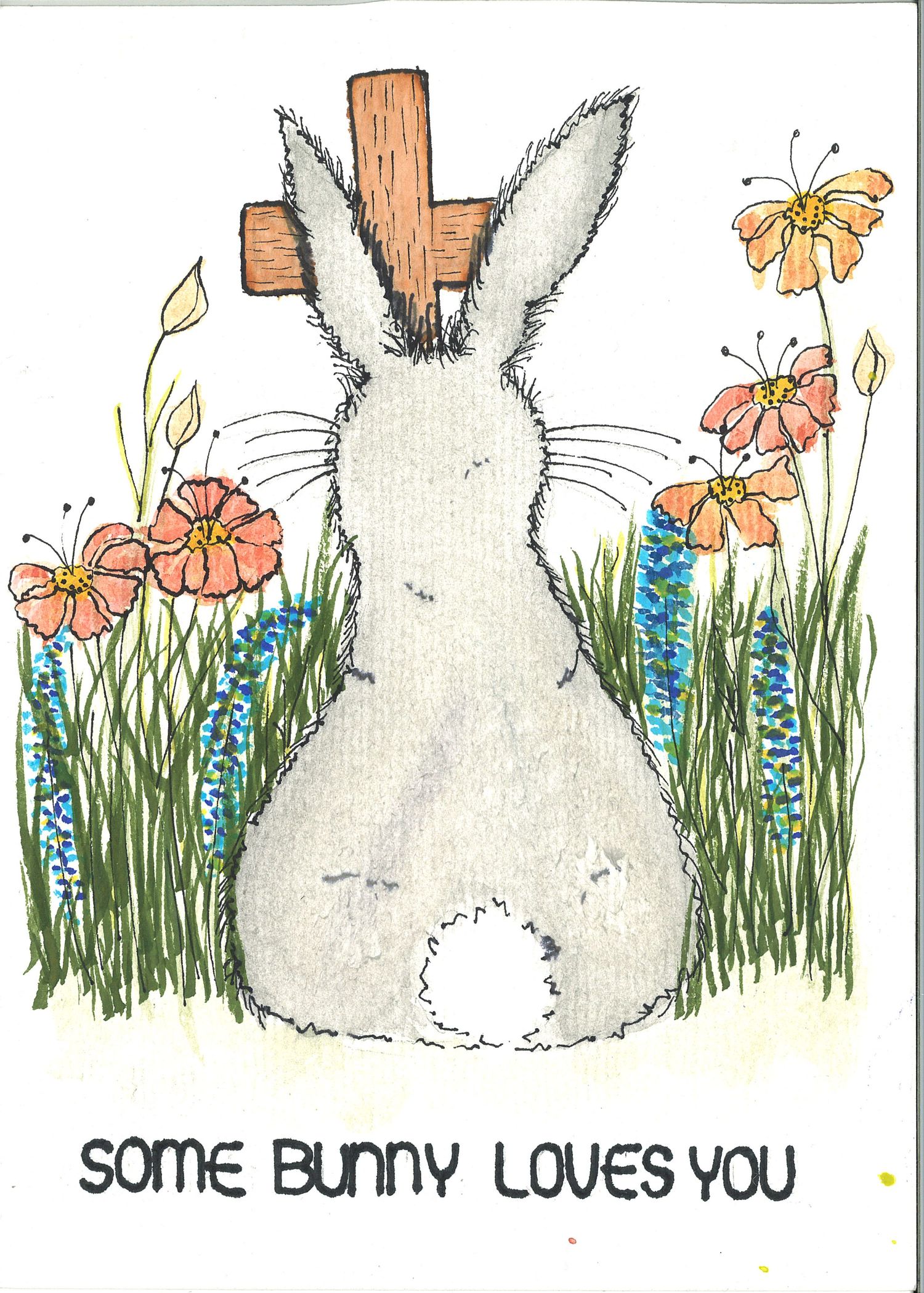White bunny silhouette among orange flowers and blue delphiniums with text 'Some bunny loves you'.