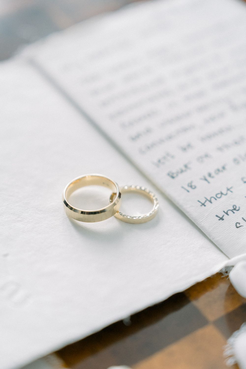 Close-up of gold and diamond wedding rings resting on white paper.