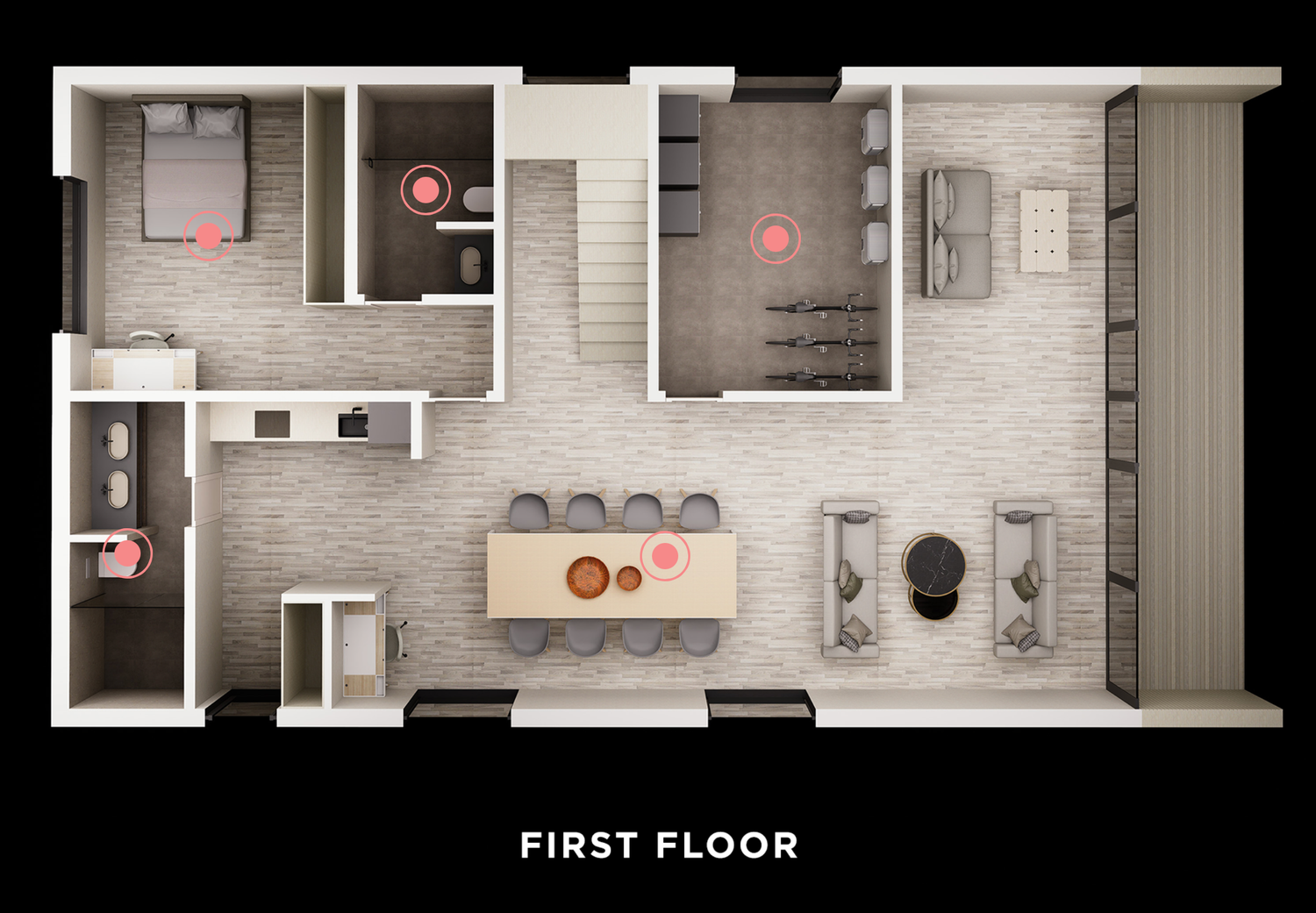 3D architectural floor plan rendering showing modern open concept living spaces in greyscale tones with furniture layouts.