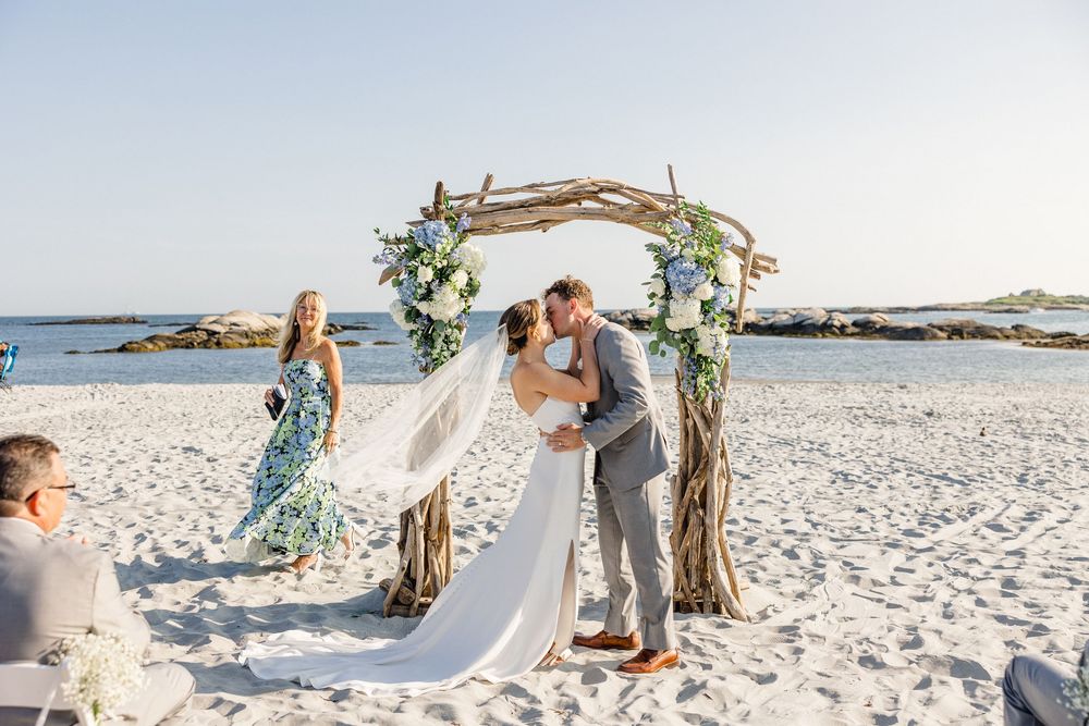 A romantic beach wedding ceremony setup at Gooseberry Beach club. Newport, RI Wedding photography.