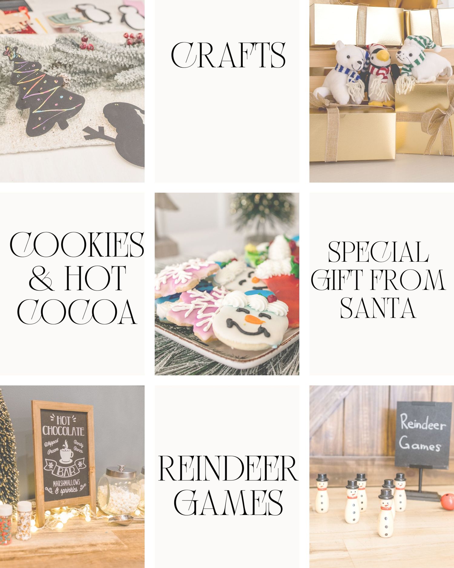 Holiday activity menu grid showing crafts, cookies, hot cocoa, special gifts from Santa and reindeer games options.