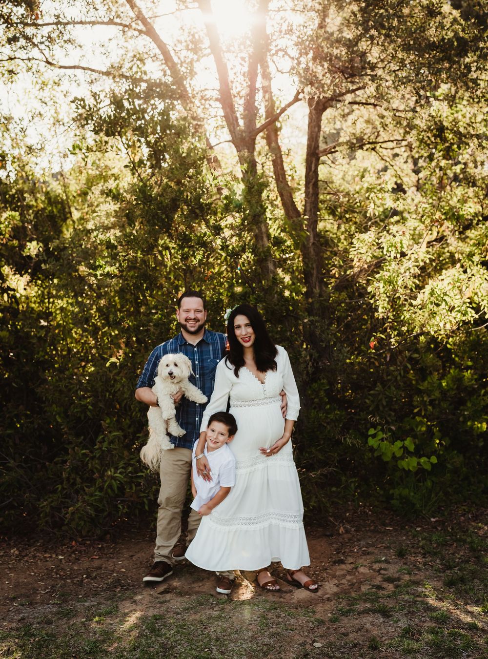 Outdoor sunset photoshoot with a small white dog amidst natural foliage and golden light.