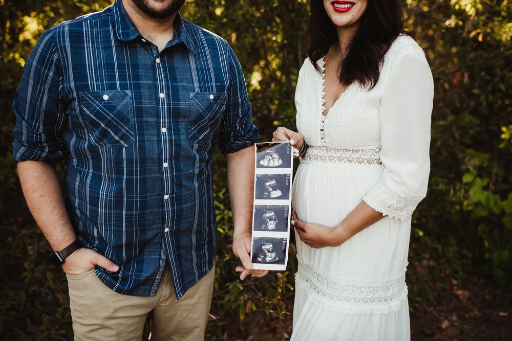 A series of pregnancy announcement photos showing a couple outdoors holding ultrasound images at sunset.