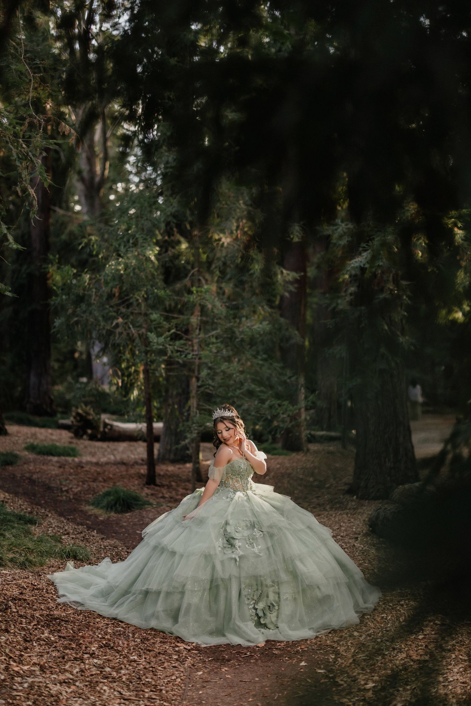 Dreamy forest photoshoot featuring a sage green ballgown dress in a woodland setting at dusk.
