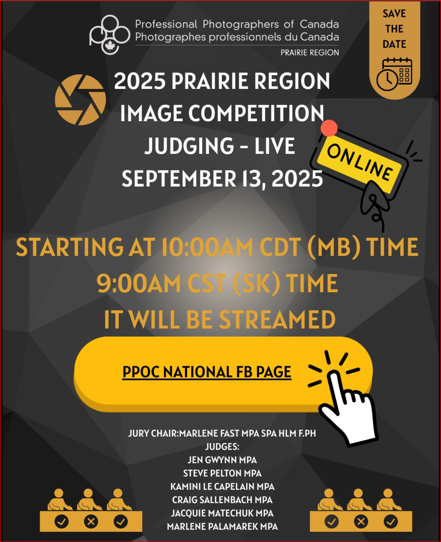 Professional Photographers of Canada announces 2025 Prairie Region Image Competition with online judging details on yellow banners.