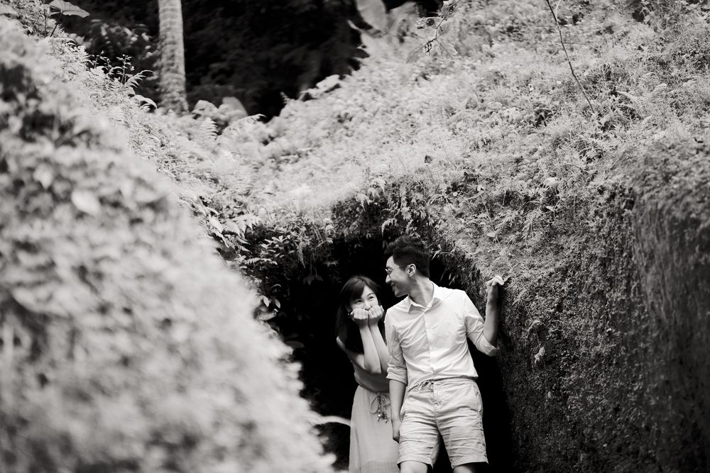 A black and white romantic photoshoot among flowering bushes in a garden setting.