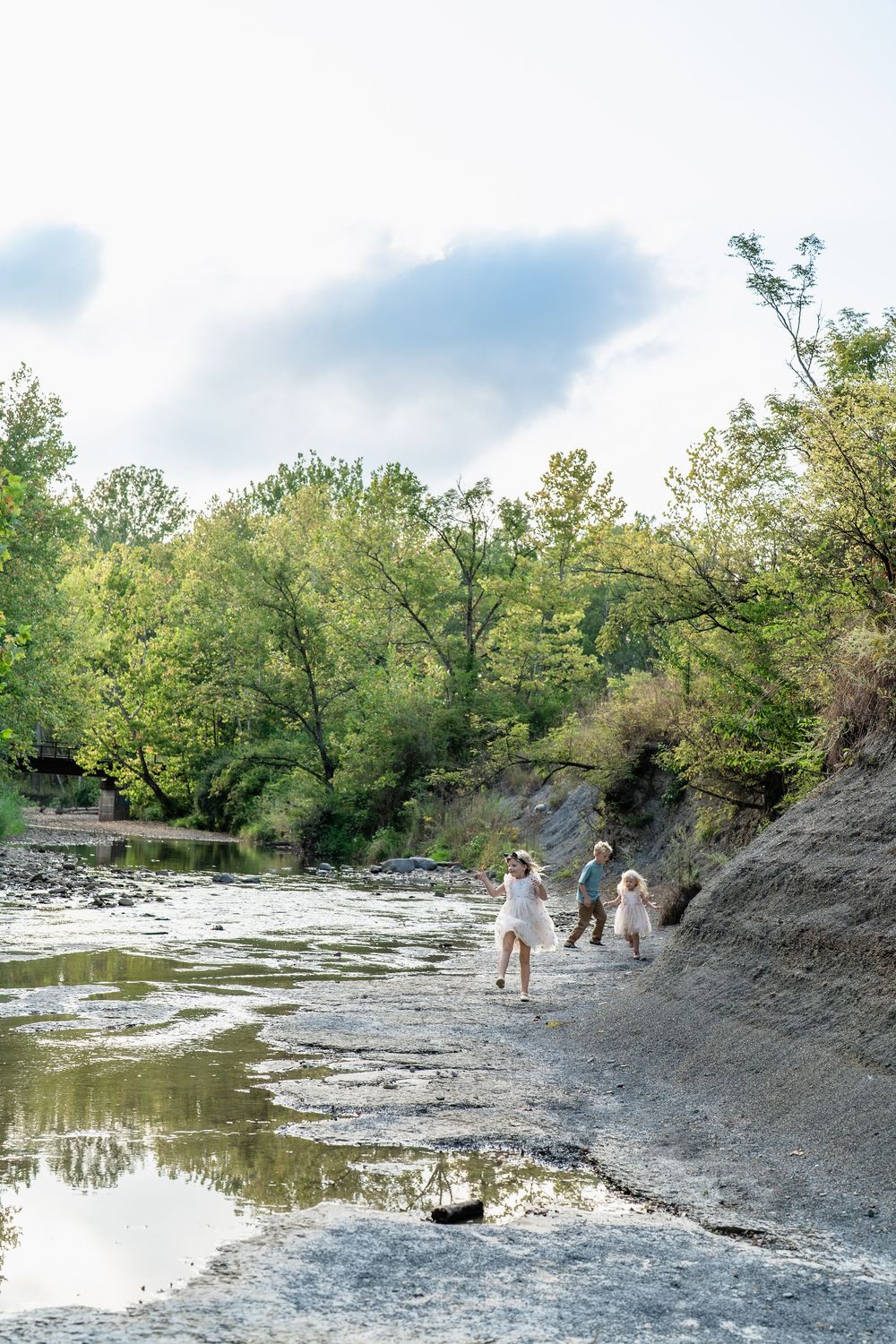 People explore a rocky creek bed surrounded by lush green trees on a sunny summer day in Cleveland, Ohio for a Family Photo Session
