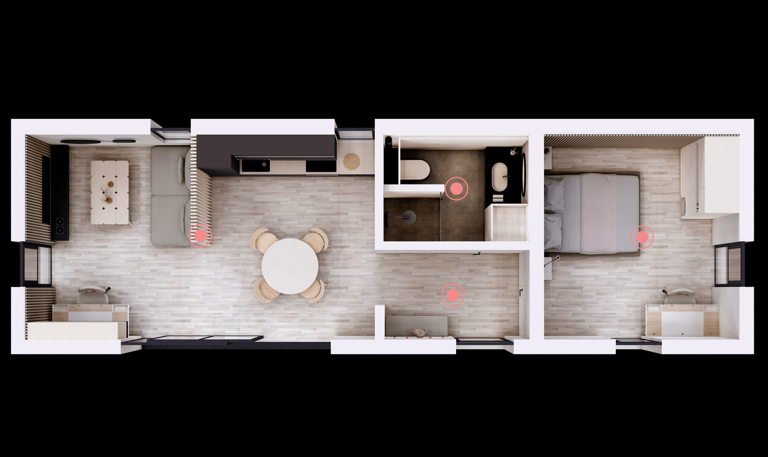Interior floor plan rendering showing a linear apartment layout with kitchen, living area, bathroom and bedroom spaces.