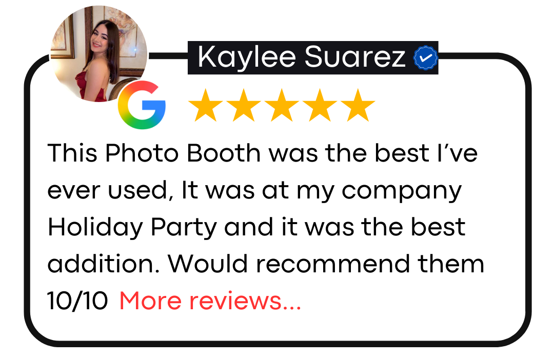 Five star customer review testimonials for a photo booth rental with speech bubble comments and profile images in Palm Beach