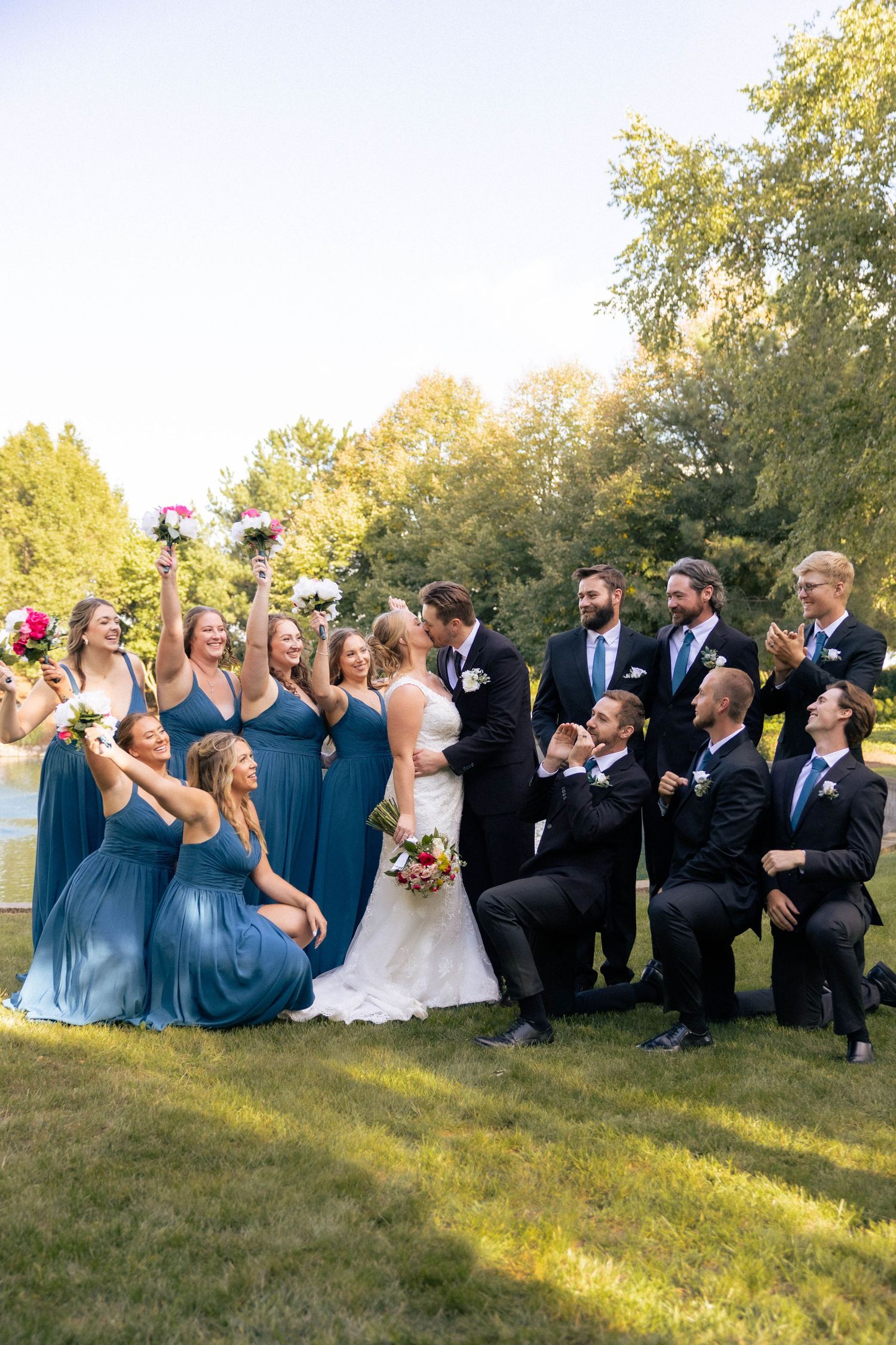 outdoor bridal party portraits by pond in Frankfort, Illinois