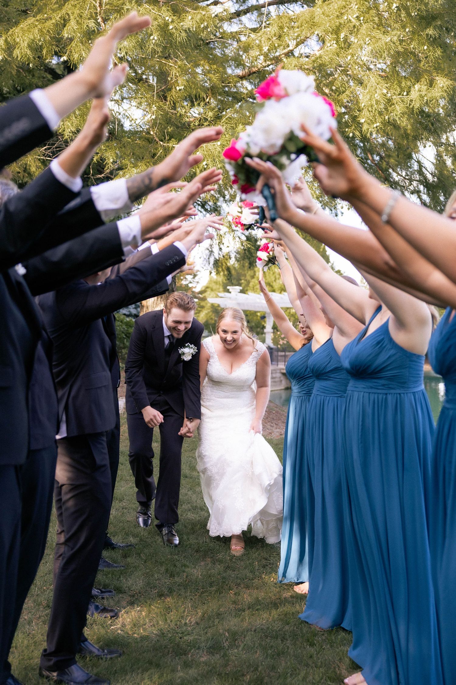 outdoor bridal party portraits by pond in Frankfort, Illinois