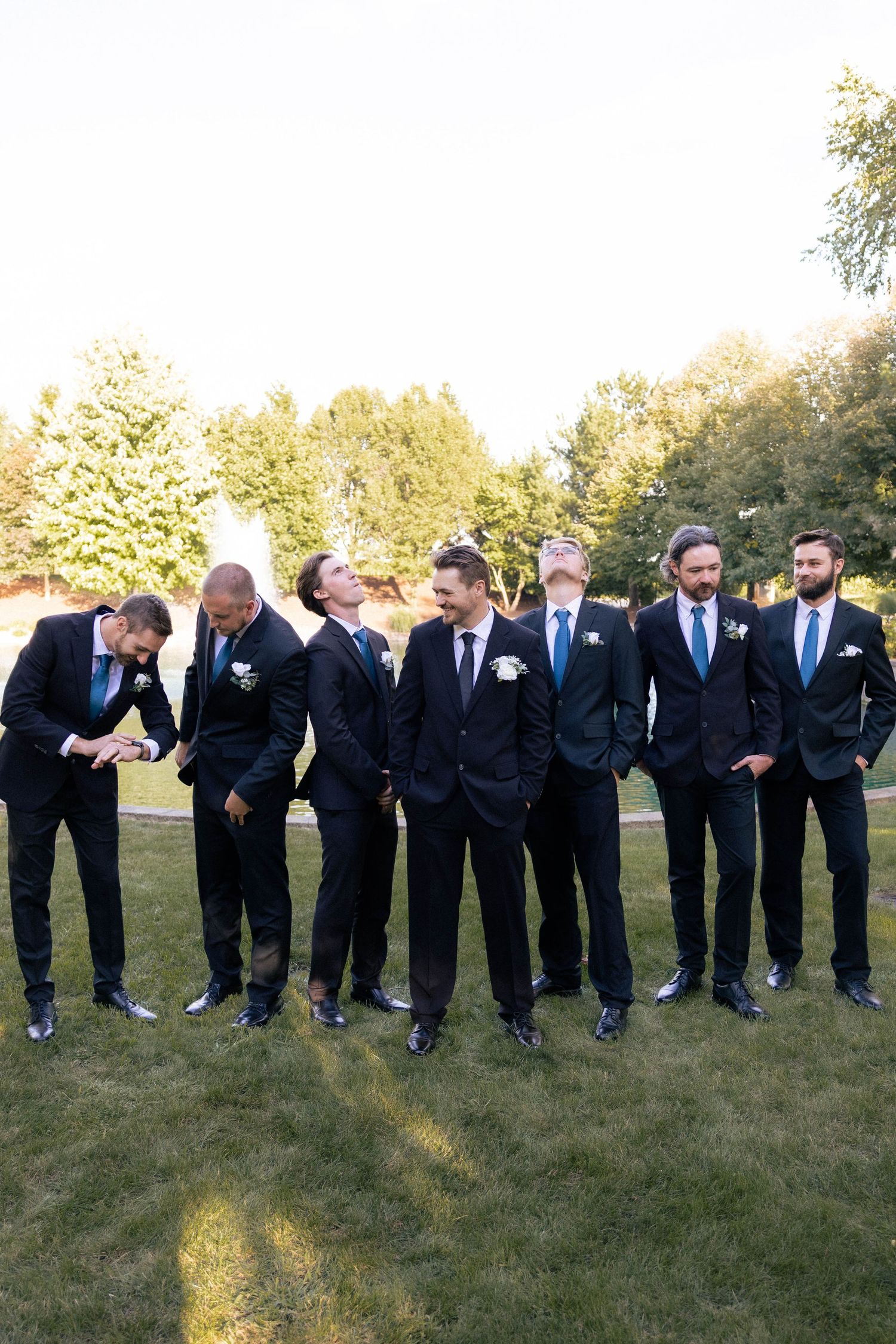outdoor bridal party portraits by pond in Frankfort, Illinois