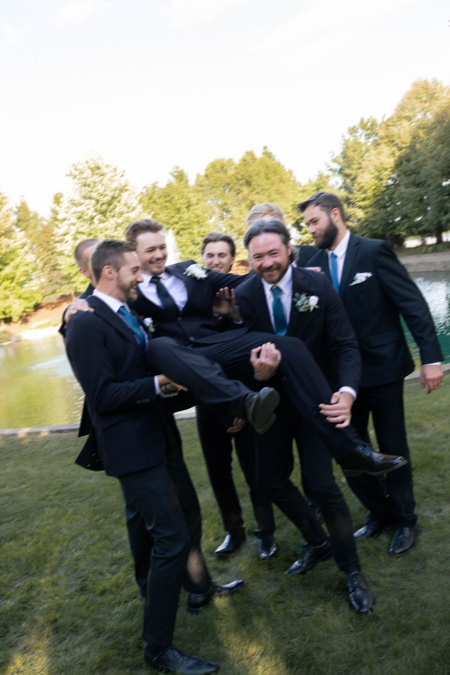 outdoor bridal party portraits by pond in Frankfort, Illinois