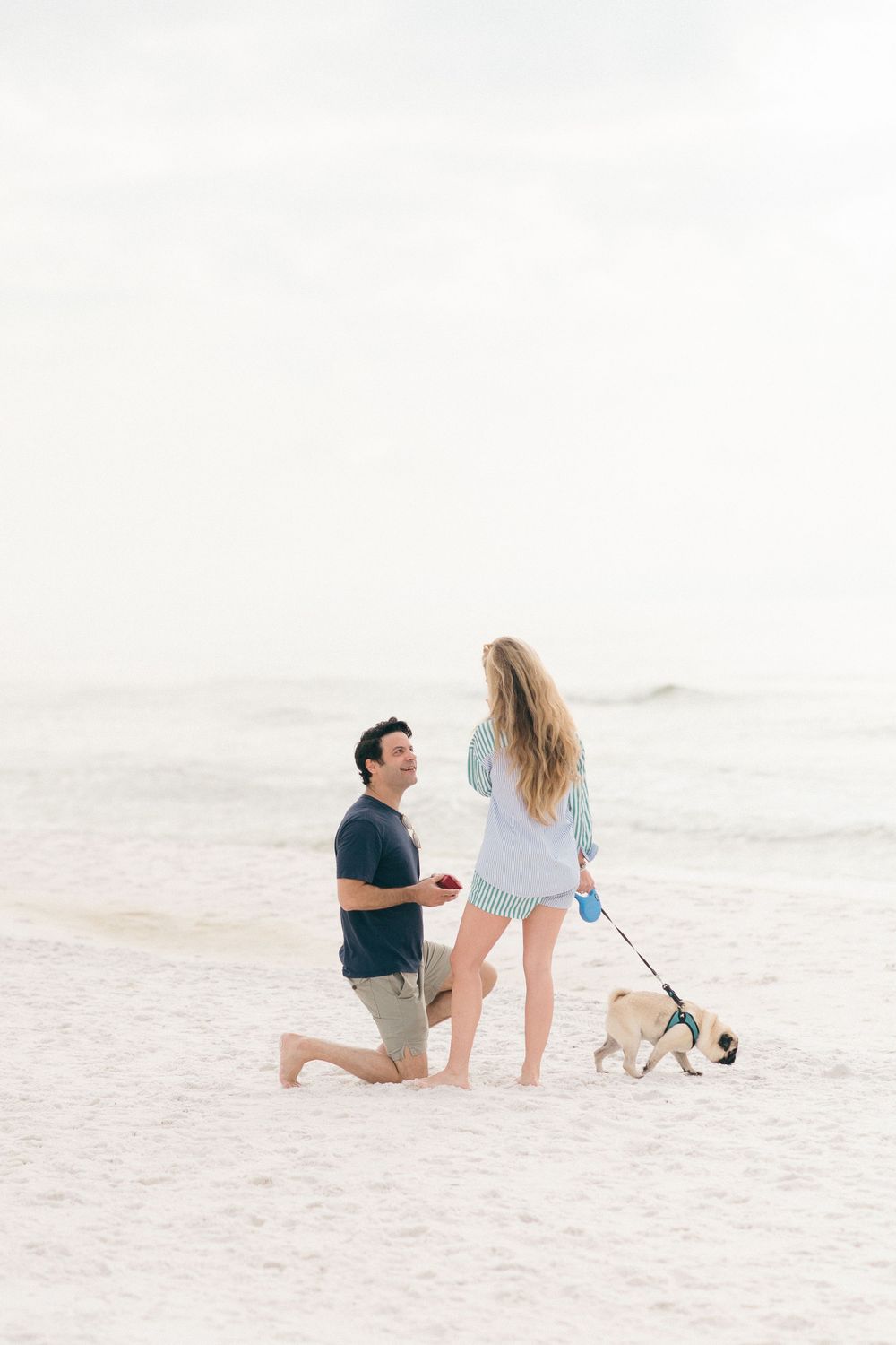 A romantic beach proposal with a couple and their dog on pristine white sand.