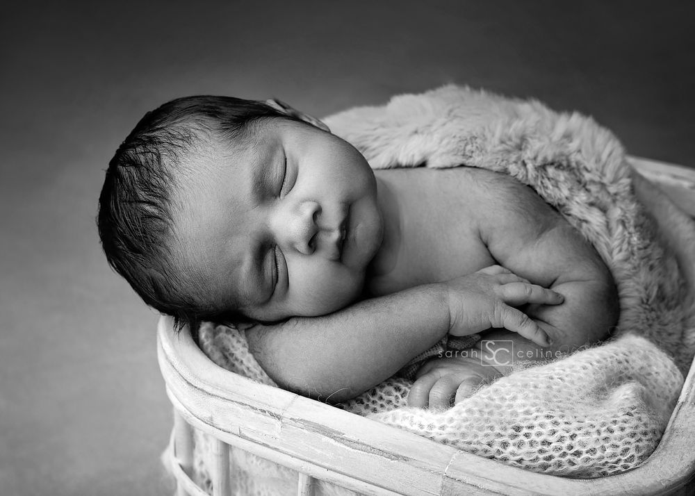 A series of black and white photographs showing a sleeping baby in different peaceful poses on soft blankets and cushions.