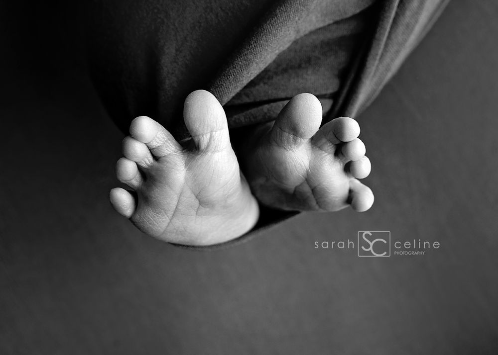 Black and white photo series showing close-up details of a baby's tiny feet and toes in artistic composition.