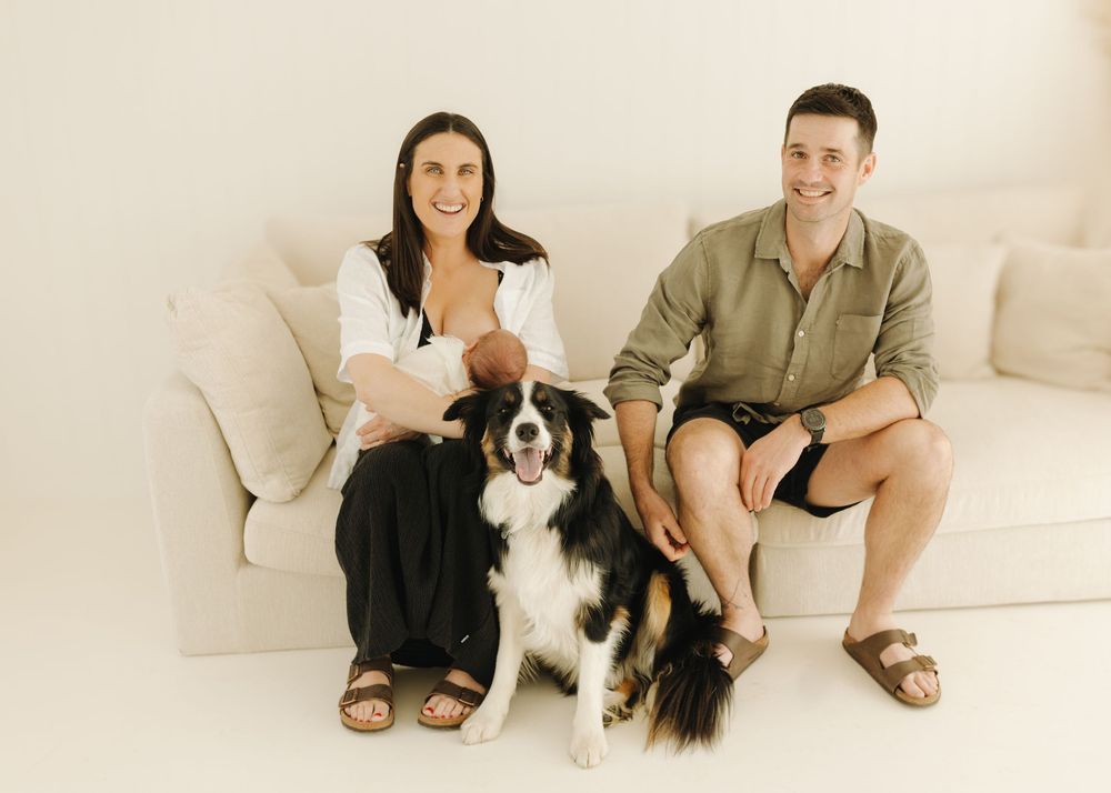A black and white Bernese Mountain Dog sits on a cream colored couch with its owners in a bright living room.